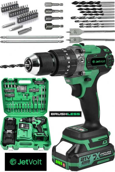 JetVolt 21V Çelik Mandren Kömürsüz Motor Darbeli Şarjlı Matkap Vidalama - Yeşil ürün görseli 1