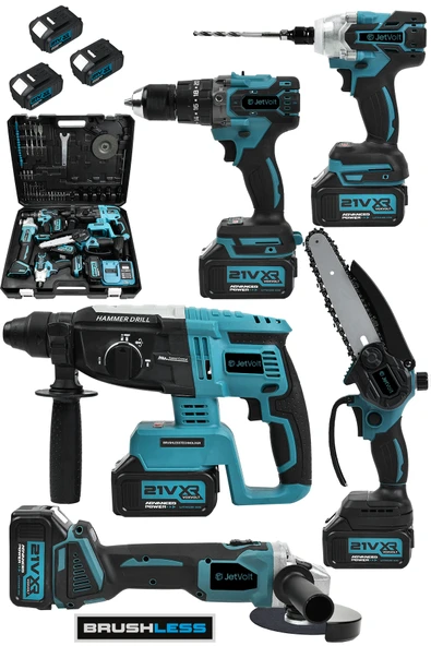 JetVolt 21V 2.0Ah Kömürsüz Darbeli 5'li Set Şarjlı Hilti + Taşlama + Somun Sıkma + Akülü Vidalama + Budama Testeri - Mavi - 1