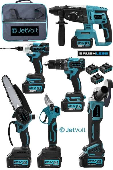 JetVolt Profesyonel 21V 2.0Ah Bez Çantalı Kömürsüz Darbeli 6'lı Set - Mavi ürün görseli 1
