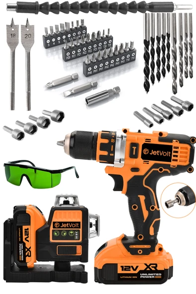 JetVolt Çift Akülü 12 Köşe 360° Otomatik Hizalamalı Lazer Metre ve Çelik Mandren 84 Parça Şarjlı Matkap - Turuncu ürün görseli 1