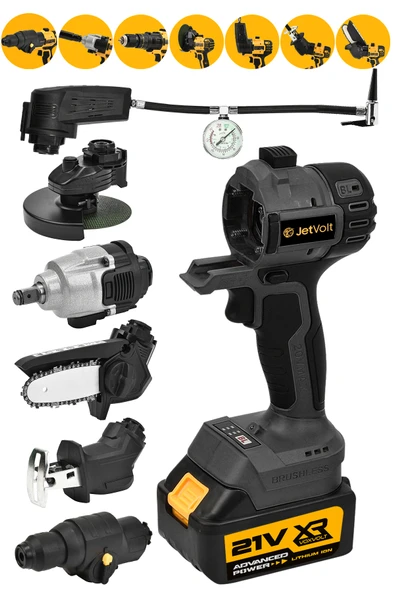 JetVolt 7 Başlıklı Set Taşlama Somun Sıkma Tilki Kuyruğu Dal Budama Akülü Vidalama Hava Pompası Hilti - Siyah ürün görseli 1