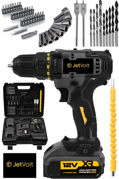 JetVolt 12V 1.5Ah Metal Şanzuman Çift Akülü 84 Parça Şarjlı Matkap Akülü Vidalama - Siyah ürün görseli 1