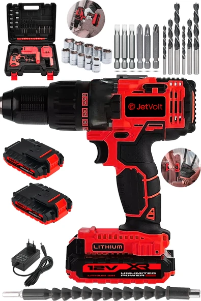 JetVolt 12V 1.5Ah Metal Şanzıman Çift Akülü Bakır Sargı 24 Parça Şarjlı Matkap Akülü Vidalama - Kırmızı - 1