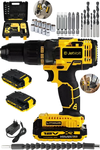 JetVolt 12V 1.5Ah Metal Şanzıman Çift Akülü Bakır Sargı 24 Parça Şarjlı Matkap Akülü Vidalama - Sarı