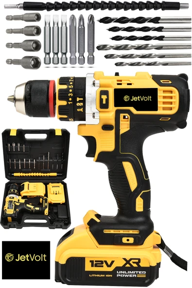 JetVolt 12V 1.5Ah Çelik Şanzıman Çift Akülü Darbeli Şarjlı Matkap Akülü Vidalama - Sarı - 1