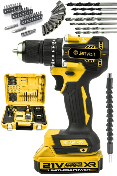 JetVolt 21V 2.0Ah Kömürsüz Motor Çelik Mandren Darbeli Şarjlı Matkap Akülü Vidalama - Sarı - 1