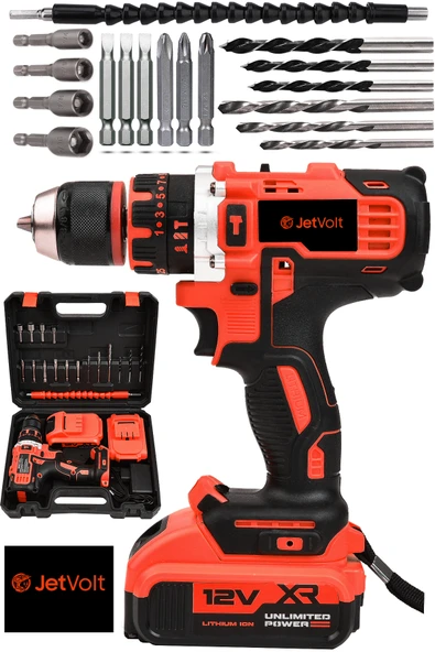JetVolt 12V 1.5Ah Çelik Şanzıman Çift Akülü Darbeli Şarjlı Matkap Akülü Vidalama - Kırmızı - 1