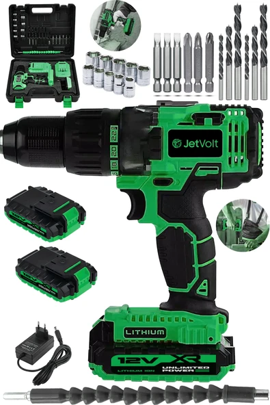 JetVolt 12V 1.5Ah Metal Şanzıman Çift Akülü Bakır Sargı 24 Parça Şarjlı Matkap Akülü Vidalama - Yeşil ürün görseli 1