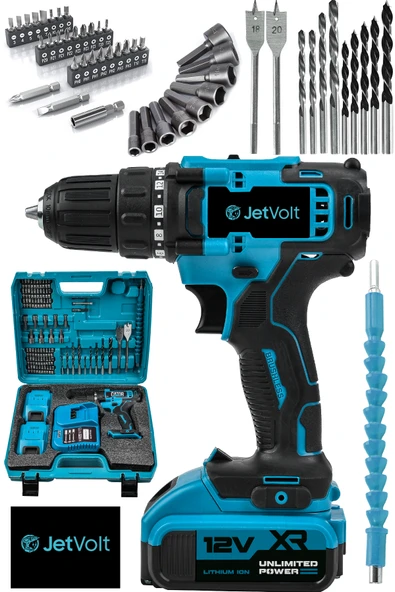 JetVolt 12V 1.5Ah Metal Şanzuman Çift Akülü 84 Parça Şarjlı Matkap Akülü Vidalama - Mavi ürün görseli 1