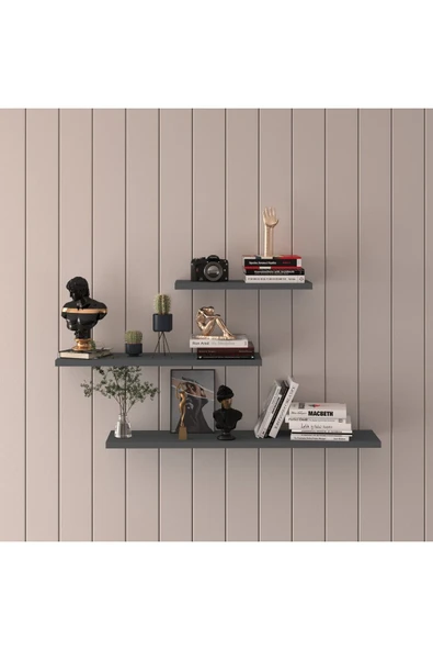 Modern Organizer Düzenleyici Dekoratif Kitaplık Banyo Mutfak 3'lü Duvarrafı  Antrasit - Resim 2