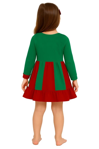 Noel Temalı Yeşil - Kırmızı Kurdeleli Kız Çocuk Elbisesi - Resim 2