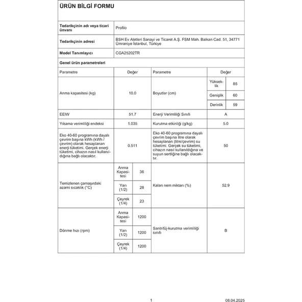 Profilo CGA25202TR A Enerji Sınıfı 10 kg 1200 Devir Çamaşır Makinesi - Resim 7