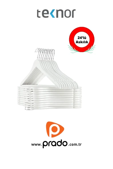 Teknor-Prado 24 Adet Ahşap Görünümlü Plastik A Kalite Stil Elbise Askısı Beyaz
