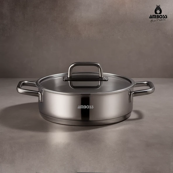 Amboss Nova Paslanmaz Çelik Cam Kapaklı Basık Tencere 30x8 cm ürün görseli