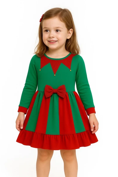 Noel Temalı Yeşil - Kırmızı Kurdeleli Kız Çocuk Elbisesi ürün görseli