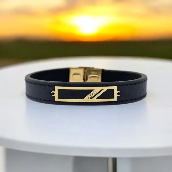 İsme Özel Dikdörtgen Motifli Hakiki Siyah Derili 14 Ayar Altın Plakalı Hediye Bileklik-446 - Resim 2