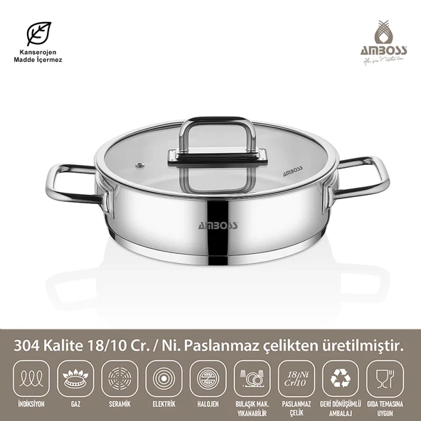 Amboss Paslanmaz Çelik Cam Kapaklı Basık Tencere 28x8 cm ürün görseli