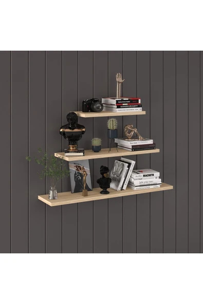 Modern Organizer Düzenleyici Dekoratif Kitaplık Banyo Mutfak 3'lü Duvarrafı  Meşe 1 - Resim 2