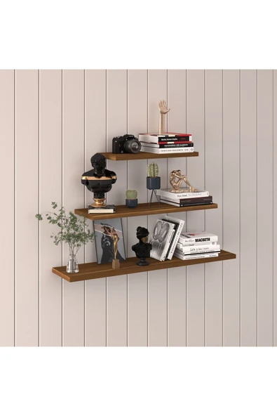 Modern Organizer Düzenleyici Dekoratif Kitaplık Banyo Mutfak 3'lü Duvarrafı  Ceviz - Resim 2