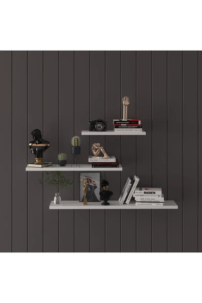 Modern Organizer Düzenleyici Dekoratif Kitaplık Banyo Mutfak 3'lü Duvarrafı  Beyaz 1 - Resim 2