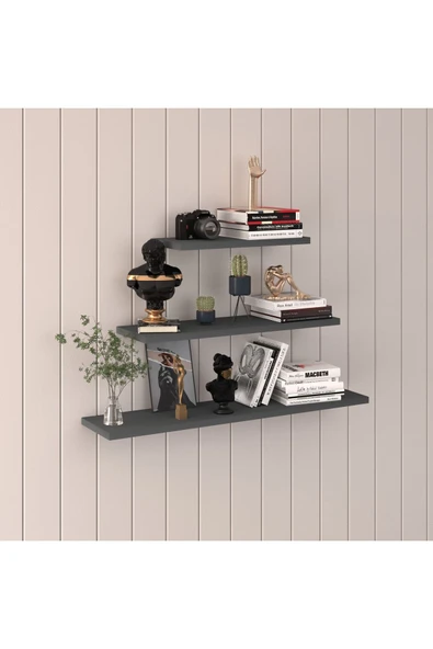 Modern Organizer Düzenleyici Dekoratif Kitaplık Banyo Mutfak 3'lü Duvarrafı  Antrasit ürün görseli