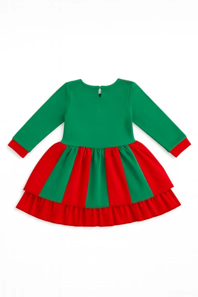 Noel Temalı Yeşil - Kırmızı Kurdeleli Kız Çocuk Elbisesi - Resim 5