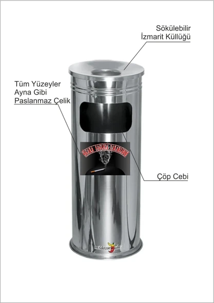 Uzun Silindir Yuvarlak Boru Tipi Kapı Yanı Bina Önü Ayaklı Krom Sigara Sağlığa Zararlıdır Küllük Çöp - 2