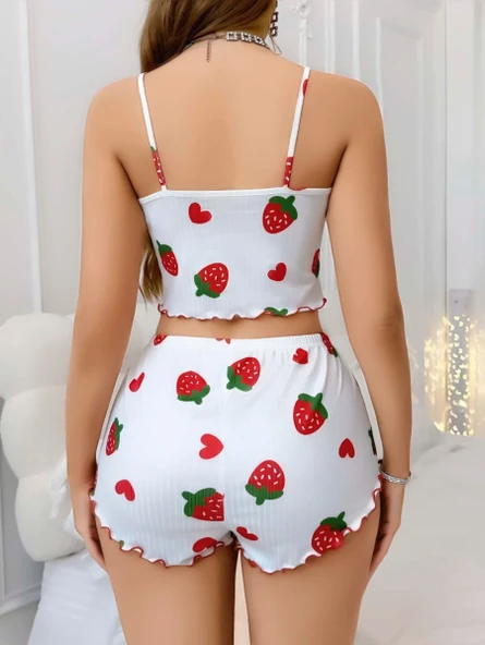 Kadın Beyaz Çilek desenli Şortlu Pijama Takımı 5053 - 2