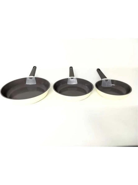 Oms 3 Parça Indüksiyonlu Ocak Uyumlu, Döküm, Seramik, ( 20 - 24 - 28 cm ) Tava Seti Krem Rengi - 2