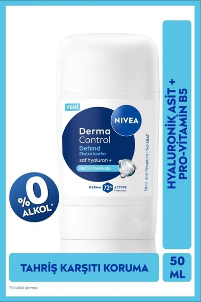 Nivea Kadın Stick Deodorant Derma Control Defend 50 ml,72 Saat Koruma,Alkolsüz,Hyaluron,Pro Vitamin