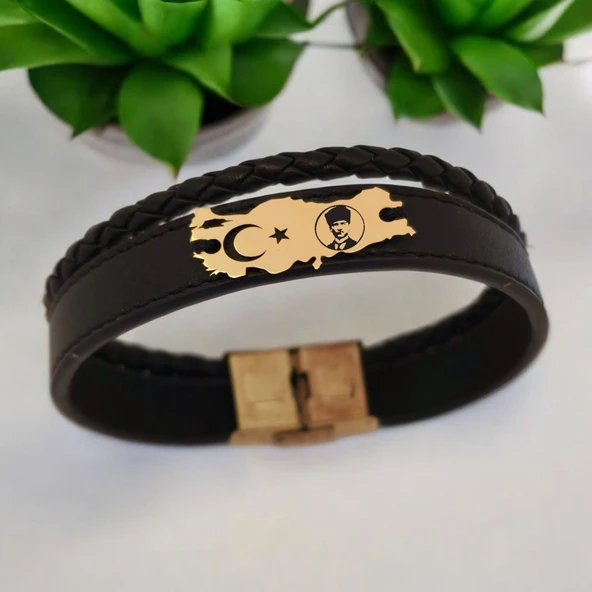 Vatan Aşkı İçin Sembole Özel Hakiki Siyah Derili 14 Ayar Altın Plakalı Türkiye Haritalı Hediye Bileklik- - Resim 2