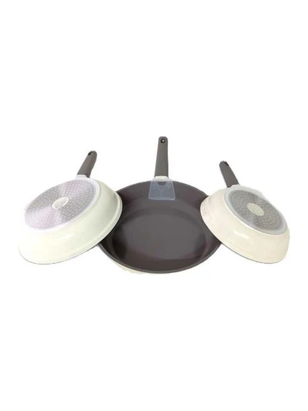 Oms 3 Parça Indüksiyonlu Ocak Uyumlu, Döküm, Seramik, ( 20 - 24 - 28 cm ) Tava Seti Krem Rengi - 3