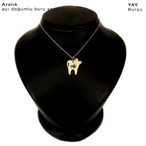 Burca Özel Diş ve Fiyonk Motifli Altın Renkli Zincirli 14 Ayar Altın Plakalı Hediyelik Kolye-450 ürün görseli