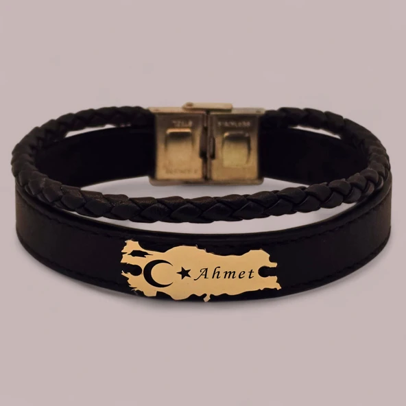 Vatan Aşkı İçin İsme Özel Türkiye Haritalı Hakiki Siyah Derili 14 Ayar Altın Plakalı Hediye Bileklik-449 ürün görseli
