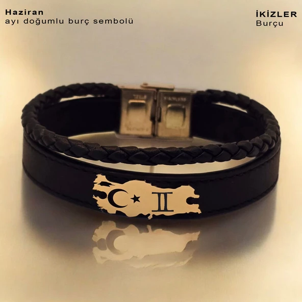 Vatan Aşkı İçin Doğum Ayına Özel 14 Ayar Altın Plakalı Türkiye Haritalı Hakiki Siyah Derili Hediye Bileklik- ürün görseli