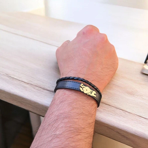 Vatan Aşkı İçin Harfe Özel 14 Ayar Altın Plakalı Türkiye Haritalı Hakiki Siyah Derili Hediye Bileklik- - Resim 3