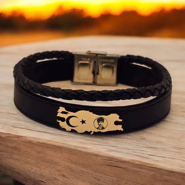 Vatan Aşkı İçin Sembole Özel Hakiki Siyah Derili 14 Ayar Altın Plakalı Türkiye Haritalı Hediye Bileklik- ürün görseli