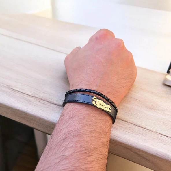 Vatan Aşkı İçin İsme Özel Türkiye Haritalı Hakiki Siyah Derili 14 Ayar Altın Plakalı Hediye Bileklik-449 - Resim 3