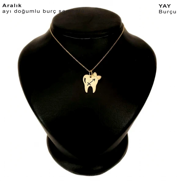 Doğum Ayına Özel 14 Ayar Altın Plakalı Diş ve Fiyonk Motifli Altın Renkli Zincirli Hediyelik Kolye-450 ürün görseli