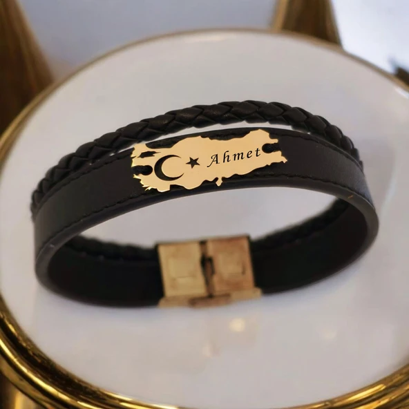 Vatan Aşkı İçin İsme Özel Türkiye Haritalı Hakiki Siyah Derili 14 Ayar Altın Plakalı Hediye Bileklik-449 - Resim 2