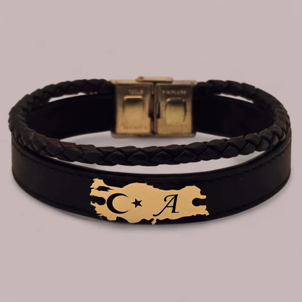 Vatan Aşkı İçin Harfe Özel 14 Ayar Altın Plakalı Türkiye Haritalı Hakiki Siyah Derili Hediye Bileklik- ürün görseli