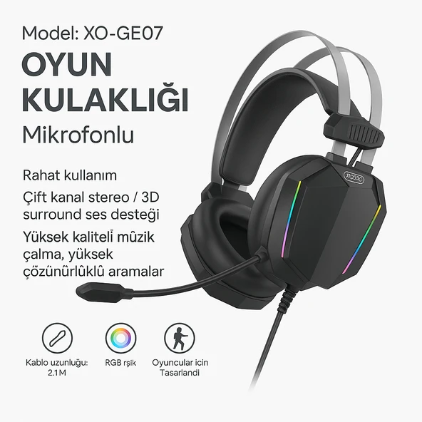 GE07 RGB Işıklı Mikrofonlu Oyuncu Kulaklığı  3D Surround Ses, PC Uyumlu Kablolu - 2