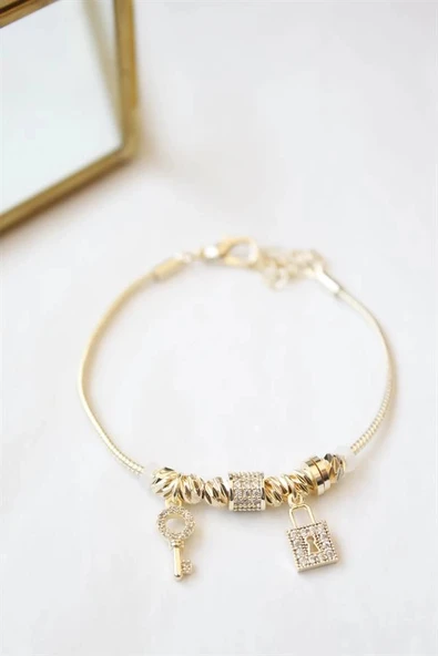 LitaeTrend Kilit Anahtar Charmlı  Bileklik - Altın ürün görseli 1