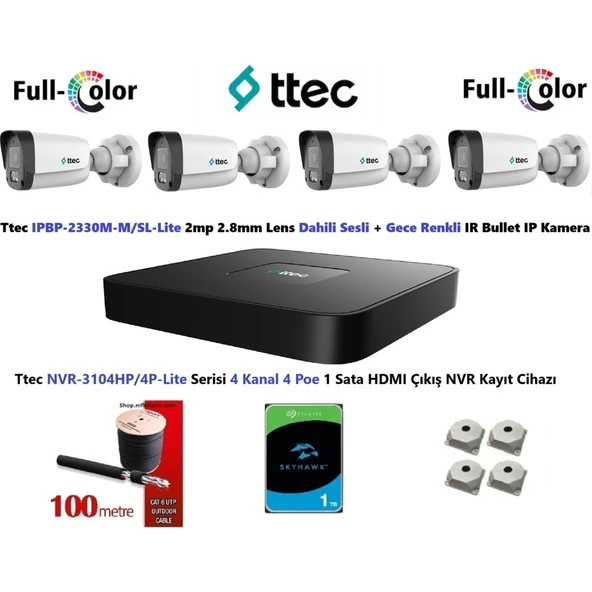 Ttec 2mp Dahili Sesli ve Gece Renkli 4 Kameralı 1tb Disk Tak Çalıştır Hazır Ip Kamera Seti ürün görseli 1