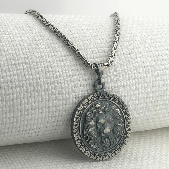 925 Ayar Gümüş Aslan Kabartmalı Kral Zincir Kolye - Resim 2