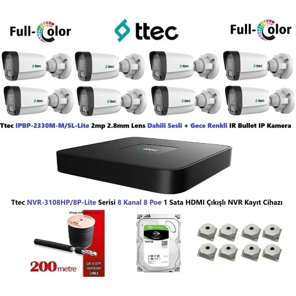 2mp Dahili Sesli ve Gece Renkli 8 Kameralı 500GB Disk Tak Çalıştır Hazır Ip Kamera Seti ürün görseli