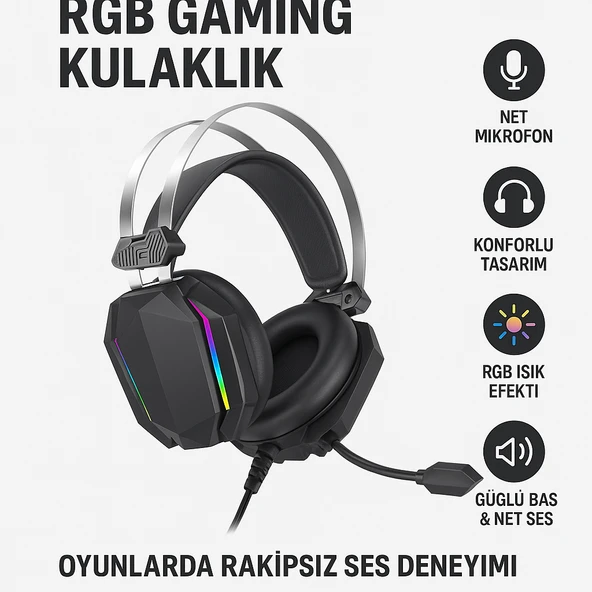 GE07 RGB Işıklı Mikrofonlu Oyuncu Kulaklığı  3D Surround Ses, PC Uyumlu Kablolu
