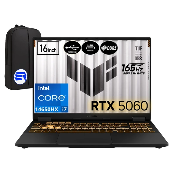 Asus Tuf Gamıng F16 FX608JMR-RV067EP5 Intel I7-14650HX 24GB Ram 512GB SSD RTX5060 16" Fhd+ 165Hz WIN11 Pro + Elektropasaj Çanta ürün görseli 1