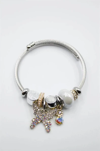 LitaeTrend Çelik Charmlı Kelebek Bileklik - Beyaz ürün görseli