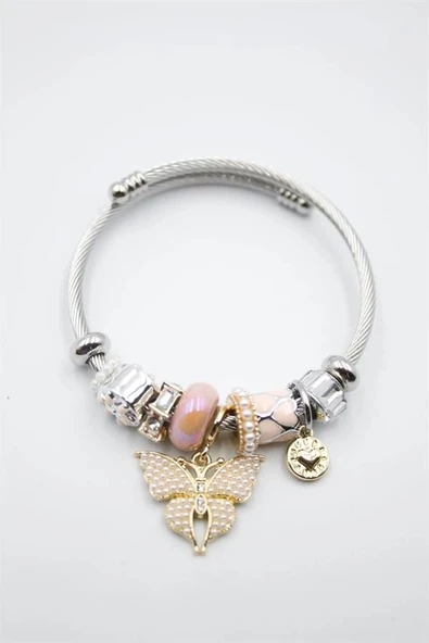 LitaeTrend Çelik Charmlı Kelebek Bileklik - Pembe - Resim 2